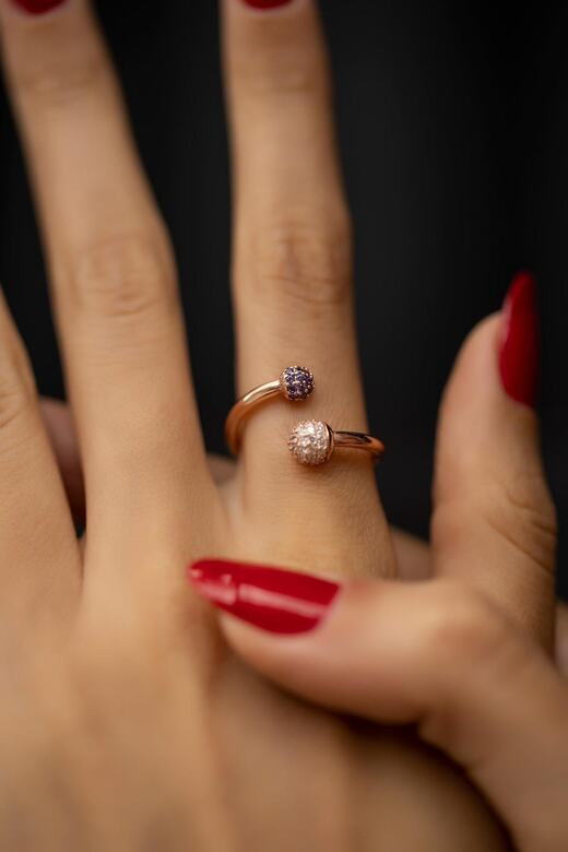 İzla Design Women's Top Model Sapphire and Zircon Stone Rose Plated Silver Ring PKT-İZLASLVR00253