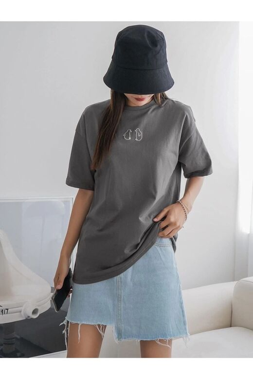 Kadın Füme Penguen Baskılı Oversize T-shirt
