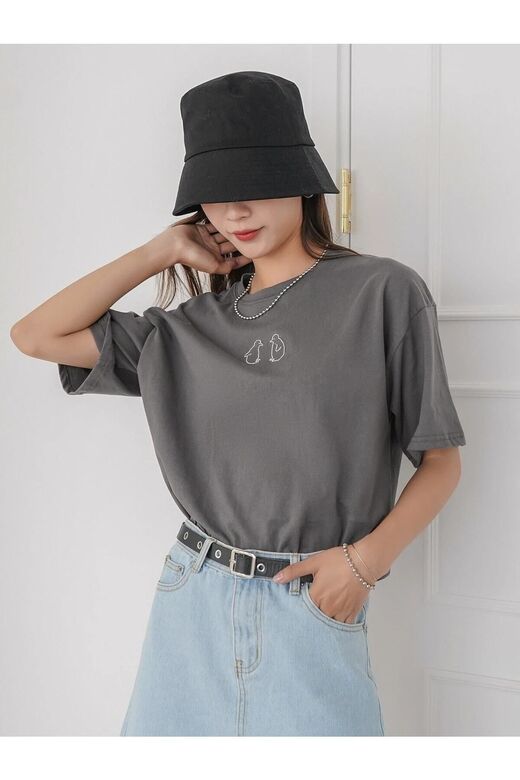Kadın Füme Penguen Baskılı Oversize T-shirt