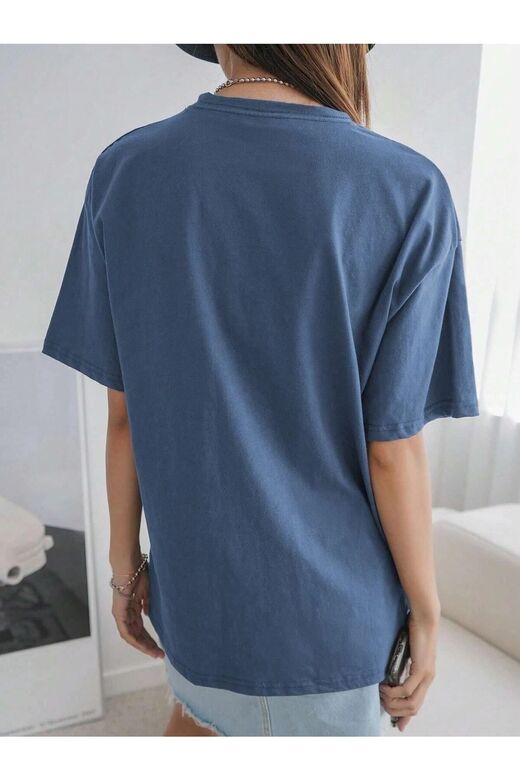 Kadın Indigo Mavi Penguen Baskılı Oversize T-shirt