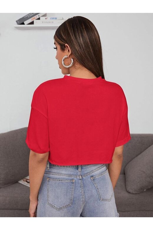Kadın Kırmızı Bisiklet Yaka Oversize Crop T-shirt