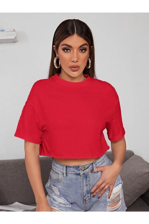 Kadın Kırmızı Bisiklet Yaka Oversize Crop T-shirt