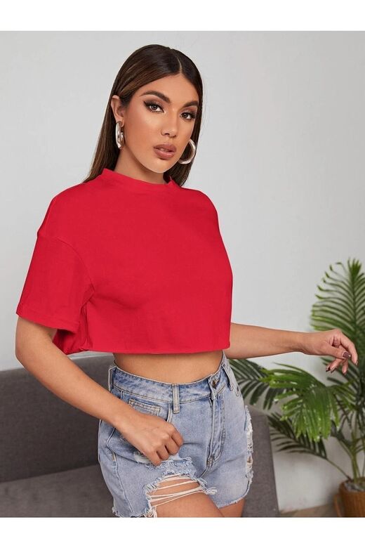 Kadın Kırmızı Bisiklet Yaka Oversize Crop T-shirt