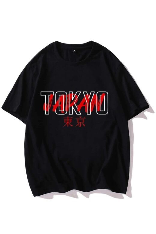 Erkek Siyah T-shirt Tokyo Japan Baskılı Oversize Tişört