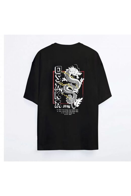 Unisex Siyah Oversize T-shirt Baskılı Osaka Tişört