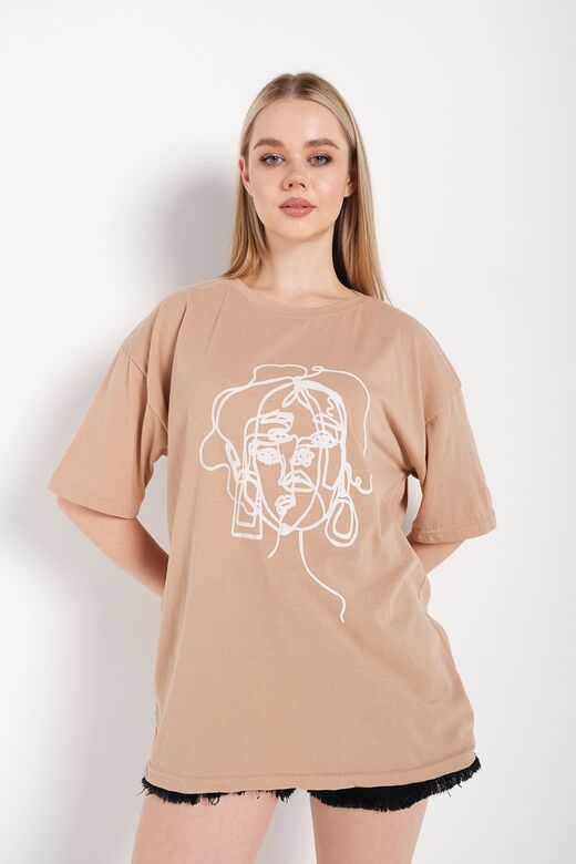 Kadın Çizgili Figür Oversize Vizon T-shirt