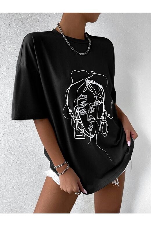 Kadın Çizgili Figür Oversize Siyah T-shirt