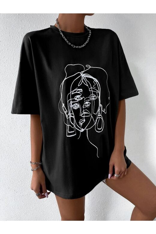 Kadın Çizgili Figür Oversize Siyah T-shirt