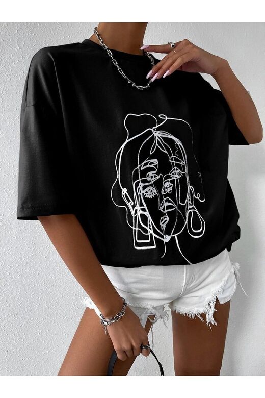 Kadın Çizgili Figür Oversize Siyah T-shirt