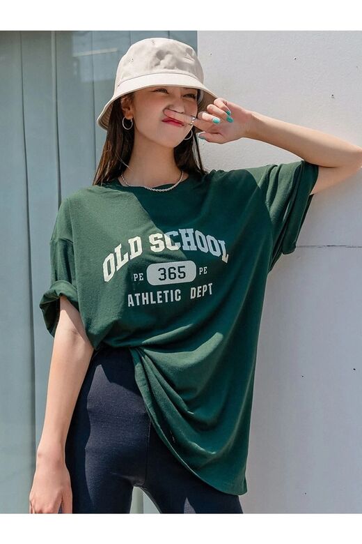 Kadın Nefti Yeşil Old Scholl 365 Baskılı Oversize T-shirt
