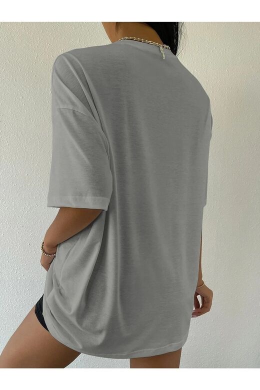 Kadın Boyamalı Gri Over Thinking Baskılı Oversize T-shirt
