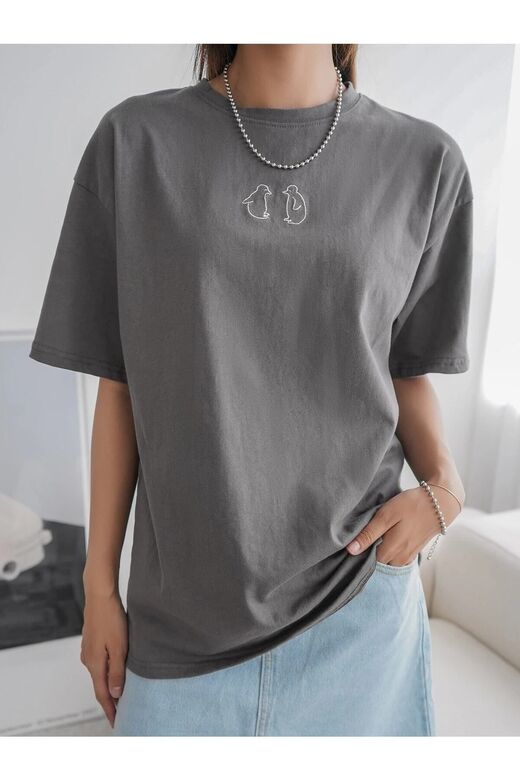 Kadın Füme Penguen Baskılı Oversize T-shirt