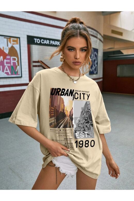 Kadın Vizon Urban Baskılı T-shirt