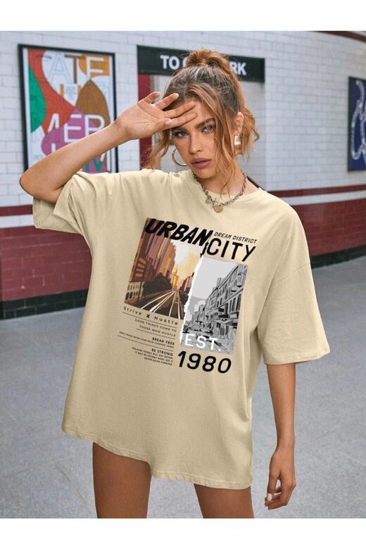 Kadın Vizon Urban Baskılı T-shirt