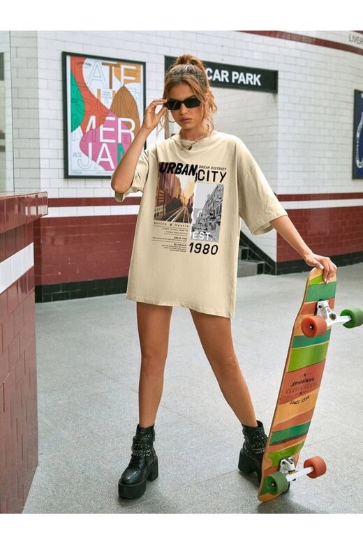 Kadın Vizon Urban Baskılı T-shirt
