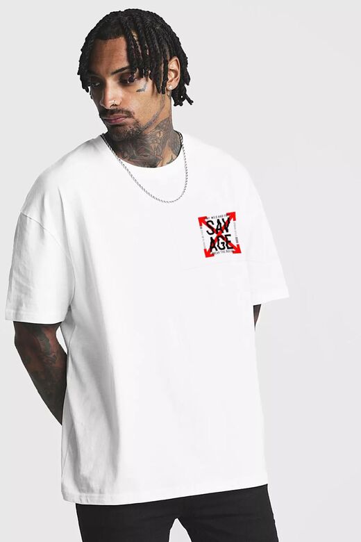 Erkek Beyaz Oversize Savage Baskılı T-shirt