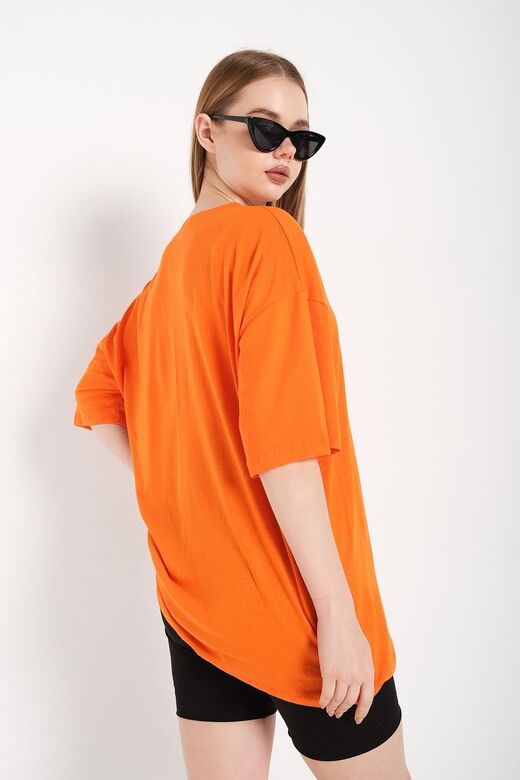 Kadın Turuncu Cactus Logo Baskılı Oversize T-shirt