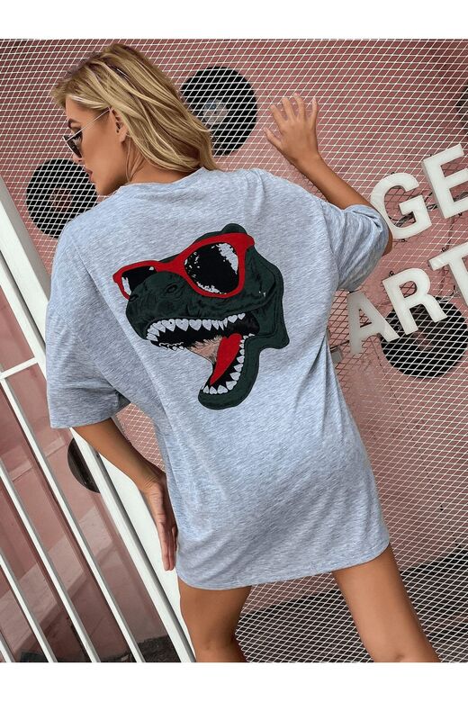 Kadın Gri Sırt Baskılı Dinazor Oversize T-shirt