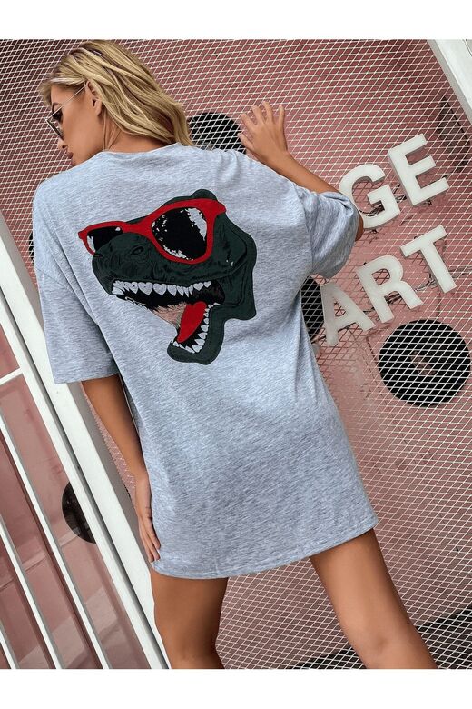 Kadın Gri Sırt Baskılı Dinazor Oversize T-shirt