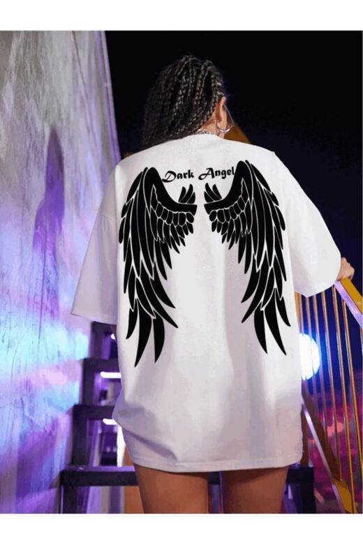 Kadın Siyah Oversize T-shirt Ön Lazer Kelebek Baskılı Tişört
