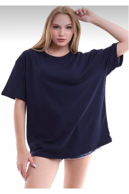 Unisex Pamuklu Lacivert Bisiklet Yaka Oversize T-shirt