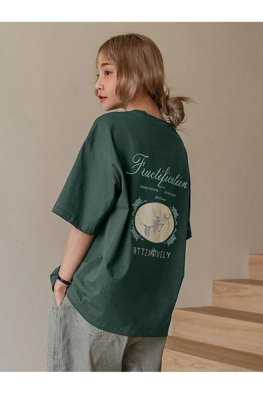 Kadın Nefti Yeşil Fructification Baskılı Oversize T-shirt