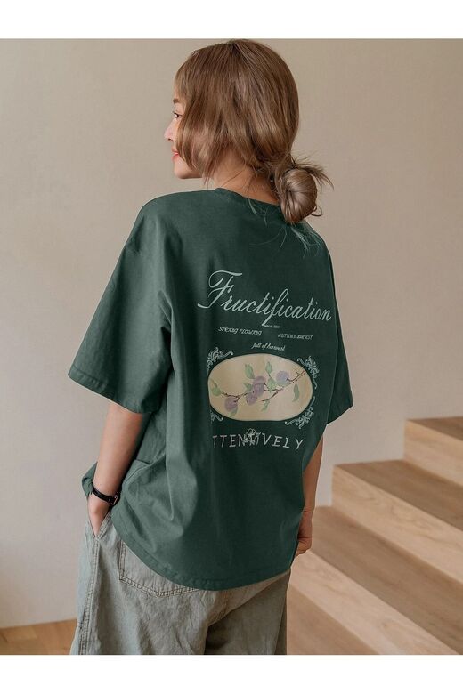 Kadın Nefti Yeşil Fructification Baskılı Oversize T-shirt