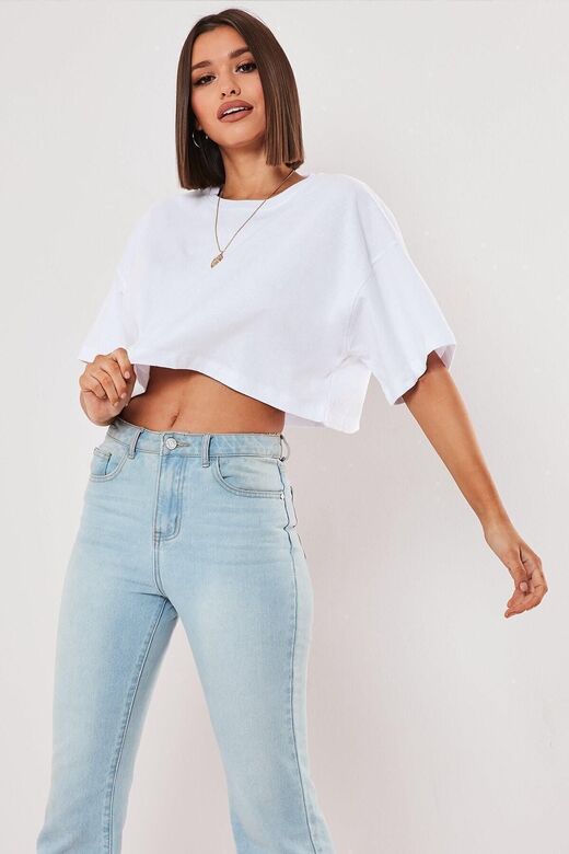 Bisiklet Yaka Oversize Crop T-shirt