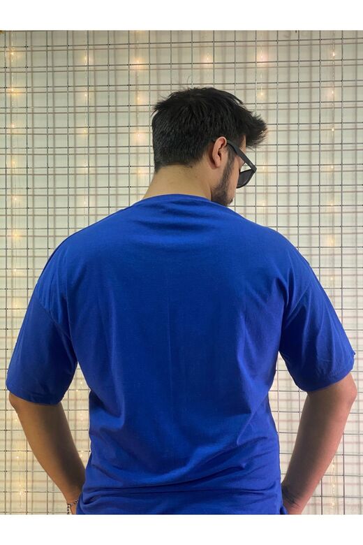 Unisex Mavi Bisiklet Yaka Oversize Tişört
