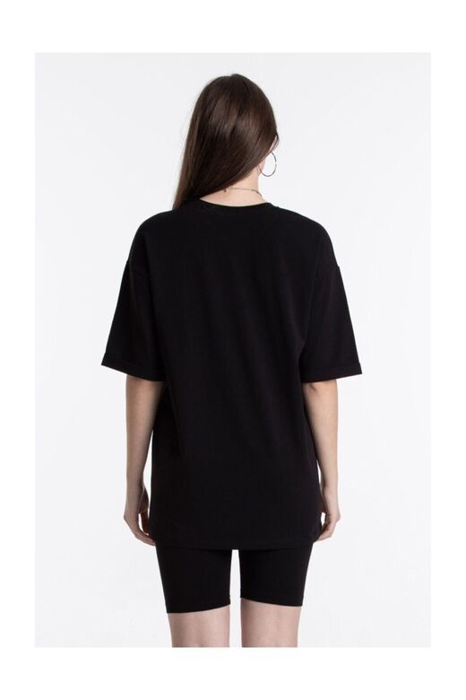 Siyah Renkli, Düz, Kısa Kollu Boyfriend Örme T-shirt