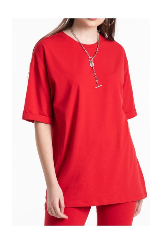 Kırmızı Renkli, Düz, Kısa Kollu Boyfriend Örme T-shirt