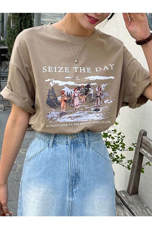 Kadın Kahverengi Seize The Day Baskılı Oversize T-shirt