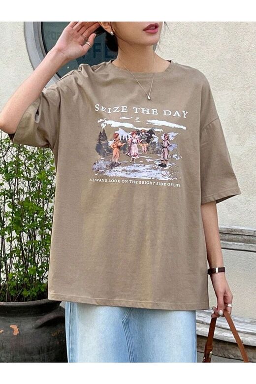 Kadın Kahverengi Seize The Day Baskılı Oversize T-shirt