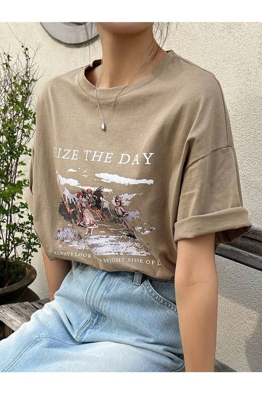 Kadın Kahverengi Seize The Day Baskılı Oversize T-shirt