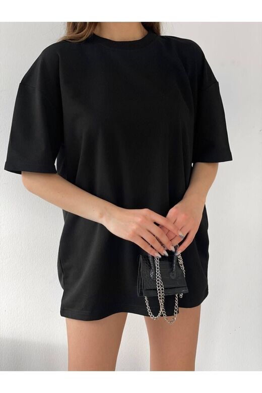 ON THE LİFE Unisex Pamuk Siyah Bisiklet Yaka Oversize Boyfriend T-shirt
