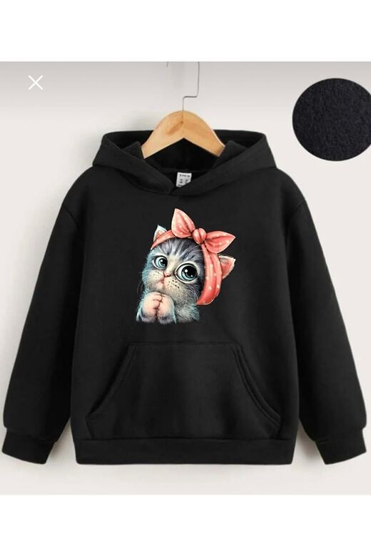 Kapüşonlu Çocuk Sweatshirt Tatlı Kedi Baskılı