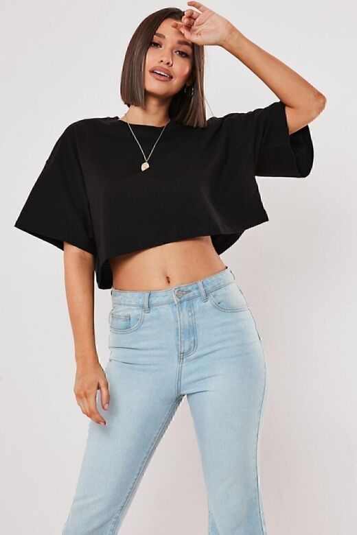 Optimistic Baskılı Dikiş Detaylı Çift Renk Siyah Crop T-shirt