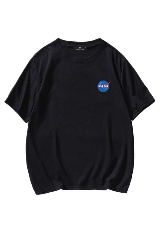 Erkek Siyah T-shirt Nasa Logo Baskılı Oversize Tişört