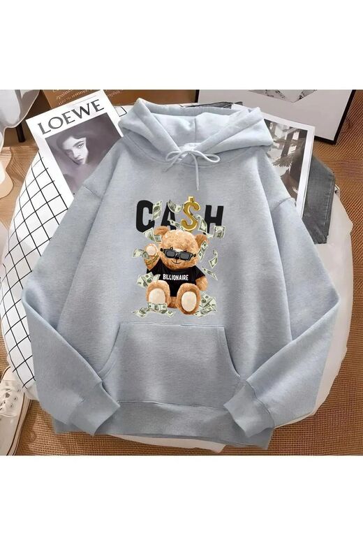 Unisex 2ip Şardonlu CASH Baskılı Gri Oversize Sweatshirt