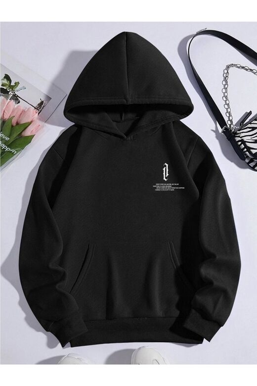 Baskılı Kapüşonlu Kanguru Oversize Salaş Hoodie Sweatshirt