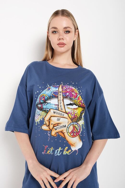 Kadın Indigo Let It Be Baskılı Oversize T-shirt