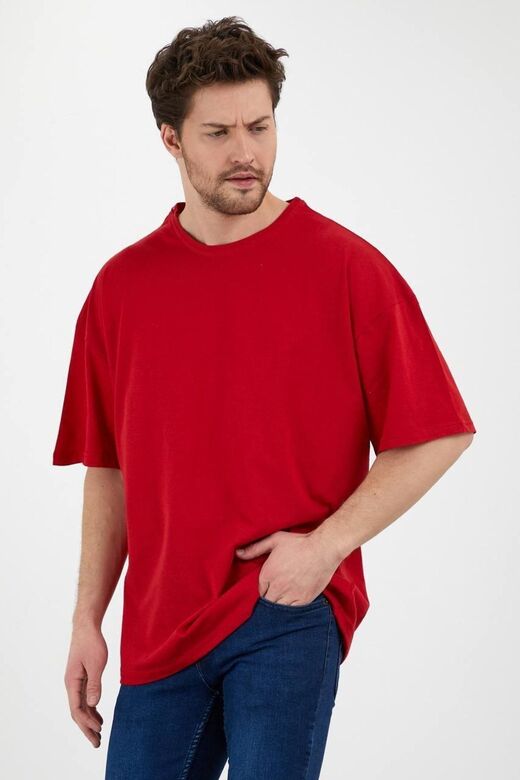 Unisex Pamuk Kırmızı Bisiklet Yaka Oversize T-shirt