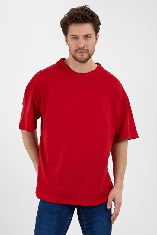 Unisex Pamuk Kırmızı Bisiklet Yaka Oversize T-shirt