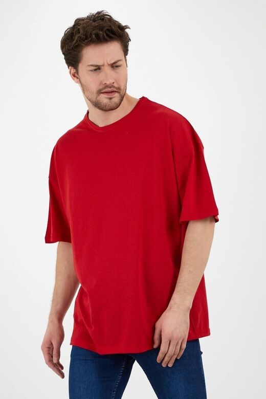 Unisex Pamuk Kırmızı Bisiklet Yaka Oversize T-shirt