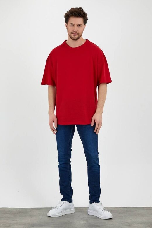 Unisex Pamuk Kırmızı Bisiklet Yaka Oversize T-shirt