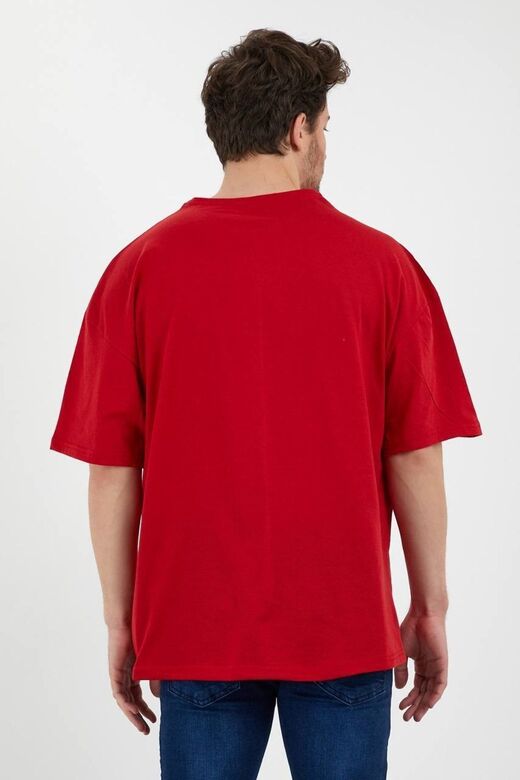 Unisex Pamuk Kırmızı Bisiklet Yaka Oversize T-shirt