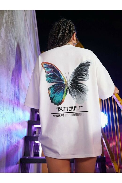 Kadın Beyaz Butterfly Ön Arka Baskılı Oversize T-shirt