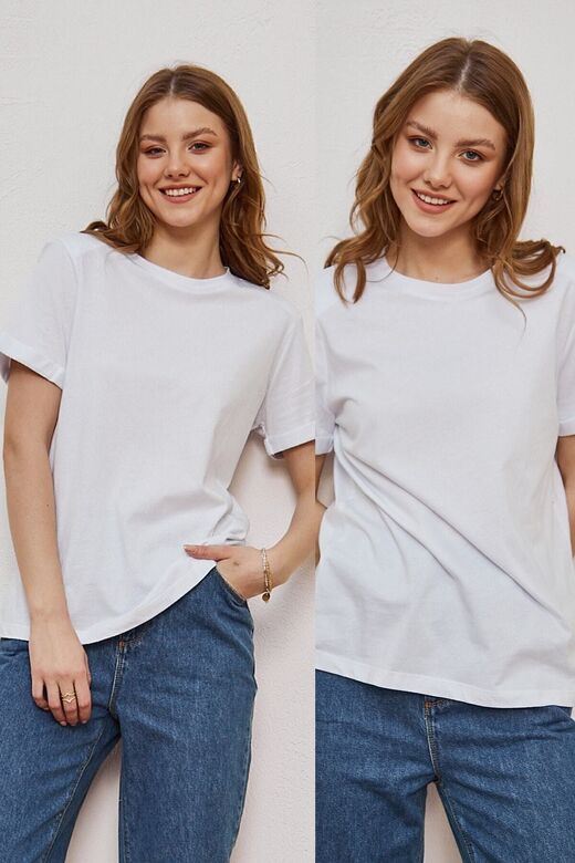 Kadın Beyaz 2’li Paket Bisiklet Yaka Vatkalı Pamuklu Duble Kol Basic T-shirt