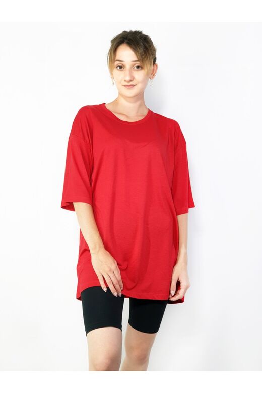Kadın Kırmızı Pamuk Bisiklet Yaka Örme T-shirt