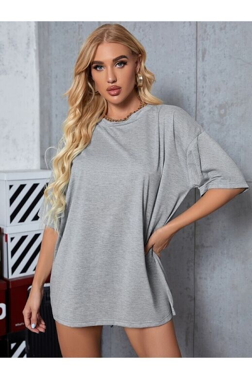 Unisex Gri Bisiklet Yaka Pamuk Oversize Boyfriend T-shirt